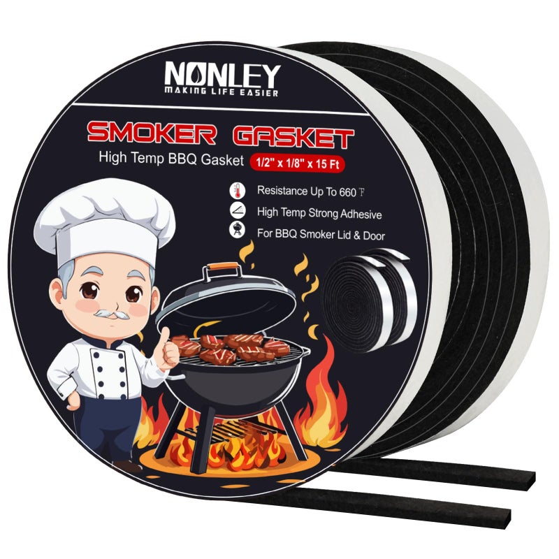 Nonley Smoker Gasket Seals, 1/2" x 1/8" 15 ft High Temp Grill Gasket Replacement Self Stick Felt, High Heat BBQ Gaskets Tape for Smokers BBQ Lid Black by Nonley - Image 1